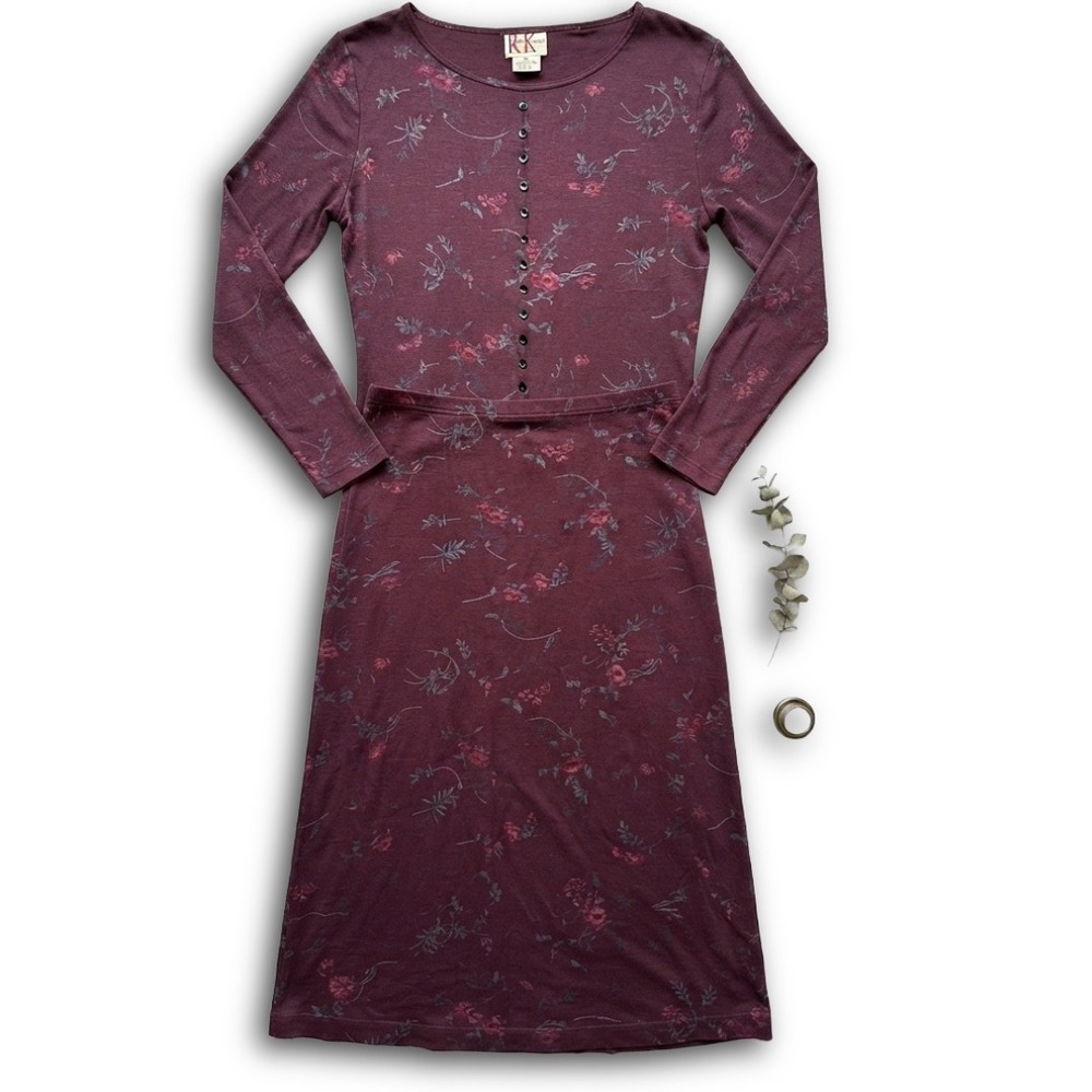 R&K Originals Burgundy Floral 2 Piece Skirt Set Henley Top Midi Skirt Size 14